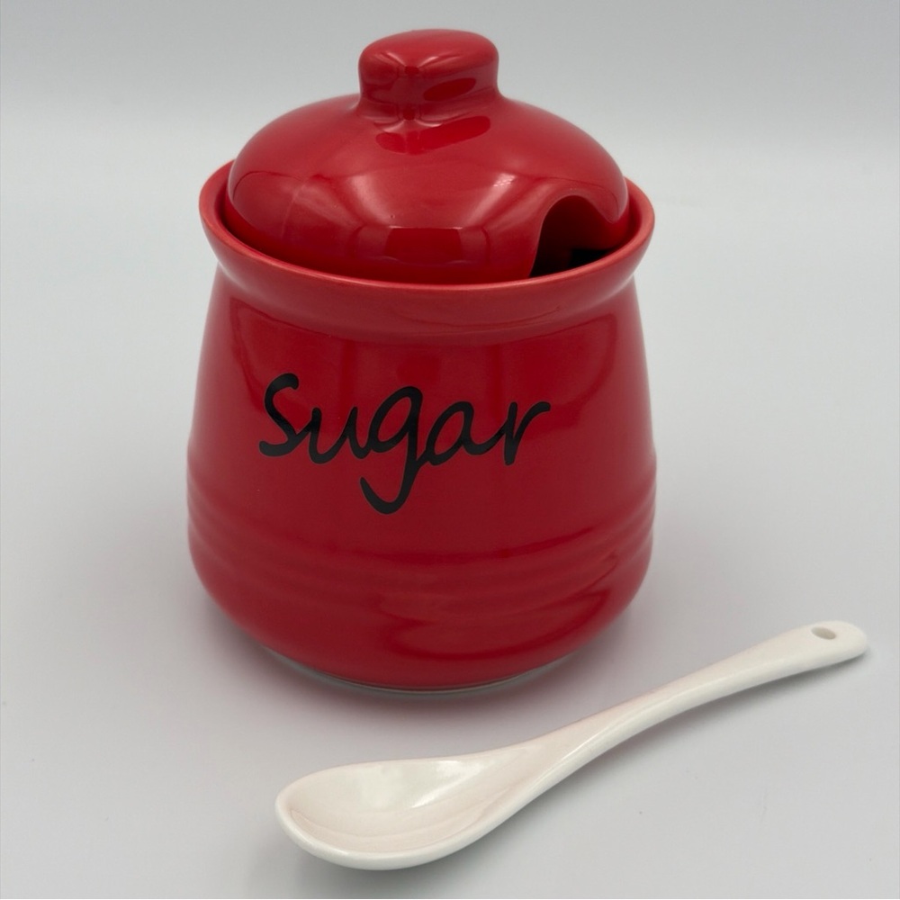 12oz Red Ceramic Sugar Bowl with Matching Lid and Serving Spoon for Kitchen